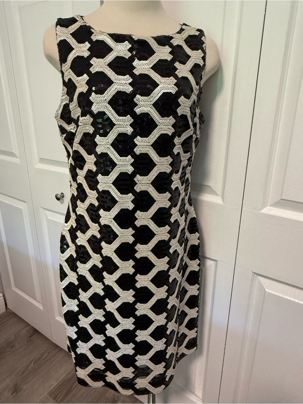 Ralph Lauren Black and White Sequin Midi Shift Dress